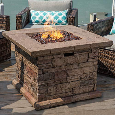 COSIEST Outdoor Propane Fire Pit Table w Faux Brown Ledgestone 32-inch Square Fire Table, 50,000 BTU Stainless Steel Burner, Free Lava Rocks, Fits 20lb Tank Inside