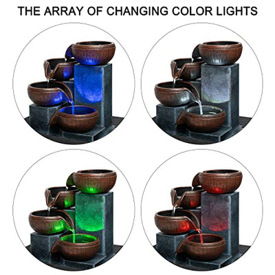 Small indoor Waterfall Fountain-Tabletop Fountain 4 level-Indoor Desktop Fountain with audible calming Waterfall Sounds for Feng Shui effect-cascading LED color Lighting