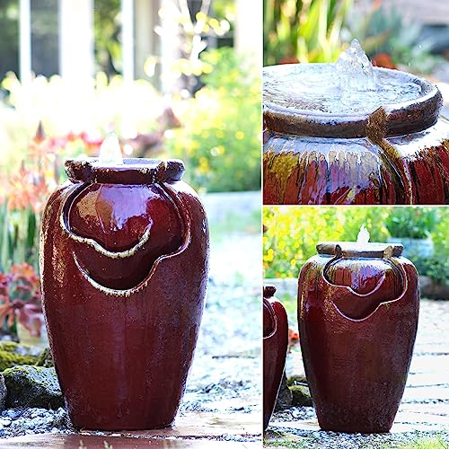 PLANTATOREM Tea Garden Fountain,27.5 Inch Tall, SELF CONTAINED, RED Copper ON OX RED, Modern Floor-Standing Waterfall Feature,Ceramic Fountain for Garden Patio,Yard Fountains Outdoor and Garden