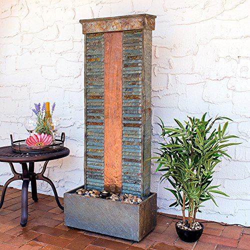Sunnydaze Outdoor Water Fountain - Large Rippled Slate Garden Water Feature - Backyard Waterfall with Copper Accents & LED Spotlight - 48 Inch Tall - Perfect for Yard, Garden, Patio or Porch
