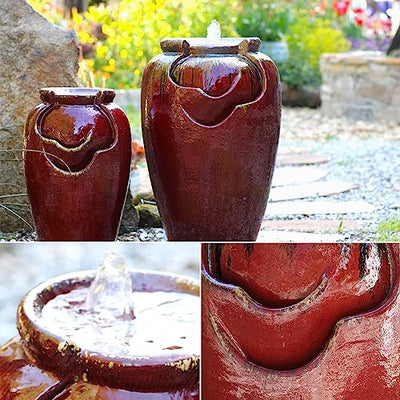 PLANTATOREM Tea Garden Fountain,27.5 Inch Tall, SELF CONTAINED, RED Copper ON OX RED, Modern Floor-Standing Waterfall Feature,Ceramic Fountain for Garden Patio,Yard Fountains Outdoor and Garden