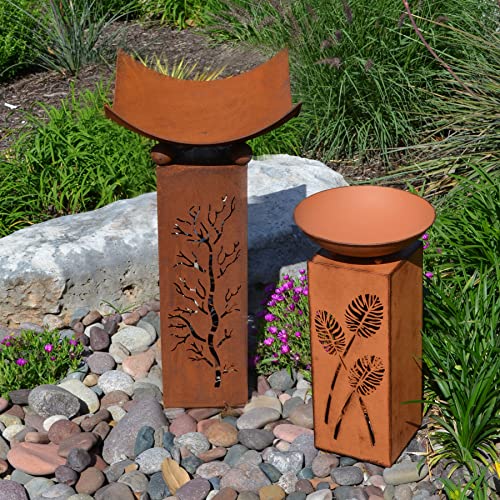 Rustic Metal Column with Removable Dish for Planter Bowl or Fire Bowl | Decorative Outdoor Pillar Sculpture for Outdoors Yard Porch Garden Décor