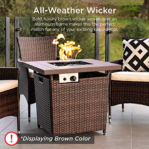 Best Choice Products 28in Gas Fire Pit Table, 50,000 BTU Outdoor Wicker Patio Propane Firepit w/Faux Wood Tabletop, Clear Glass Rocks, Cover, Hideaway Tank Holder, Lid - Ash Gray