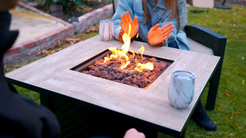 Camplux Propane Fire Pit Table, 30 Inch Outdoor Gas Fire Pit with Lid, Lava Rocks, Ceramic Tabletop, 50,000 BTU Adjustable Flame, Auto Ignition, Square Fire Table 2-in-1 Functional