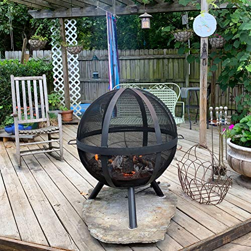 Sunnydaze Flaming Ball Fire Pit - Outdoor 30 Inch Round Wood Burning Backyard & Patio Firepit - Portable Black Sphere - Protective Cover