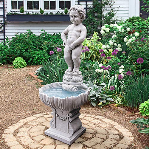 Design Toscano NG33505 Complete Manneken PIS Peeing Boy Fountain Garden Decor with Base Outdoor Water Feature, 17 Inches Wide, 17 Inches Deep, 45 Inches High, Antique Stone Finish