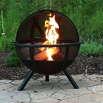 Sunnydaze Flaming Ball Fire Pit - Outdoor 30 Inch Round Wood Burning Backyard & Patio Firepit - Portable Black Sphere - Protective Cover
