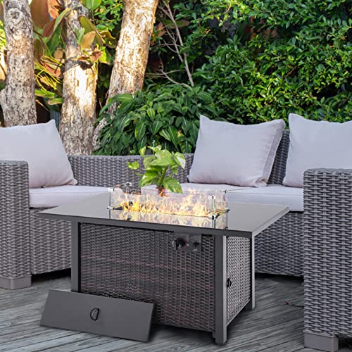 44 in Propane Fire Pit Table,Rattan Fire Pit Table with Glass Wind Guard