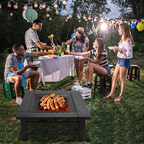 Bonnlo Outdoor Portable Fire Pit 32" with Barbecue/Cooking Grill, Poker and Rain Cover Square Metal 3 in 1 Wood Burning Fire Pit Backyard Patio Terrace